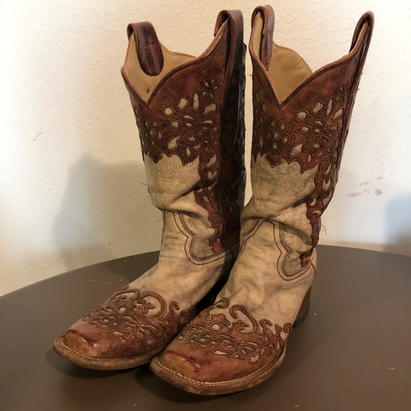 Cognac Laser Overlay Square Toe Boots - Picture 3 of 7